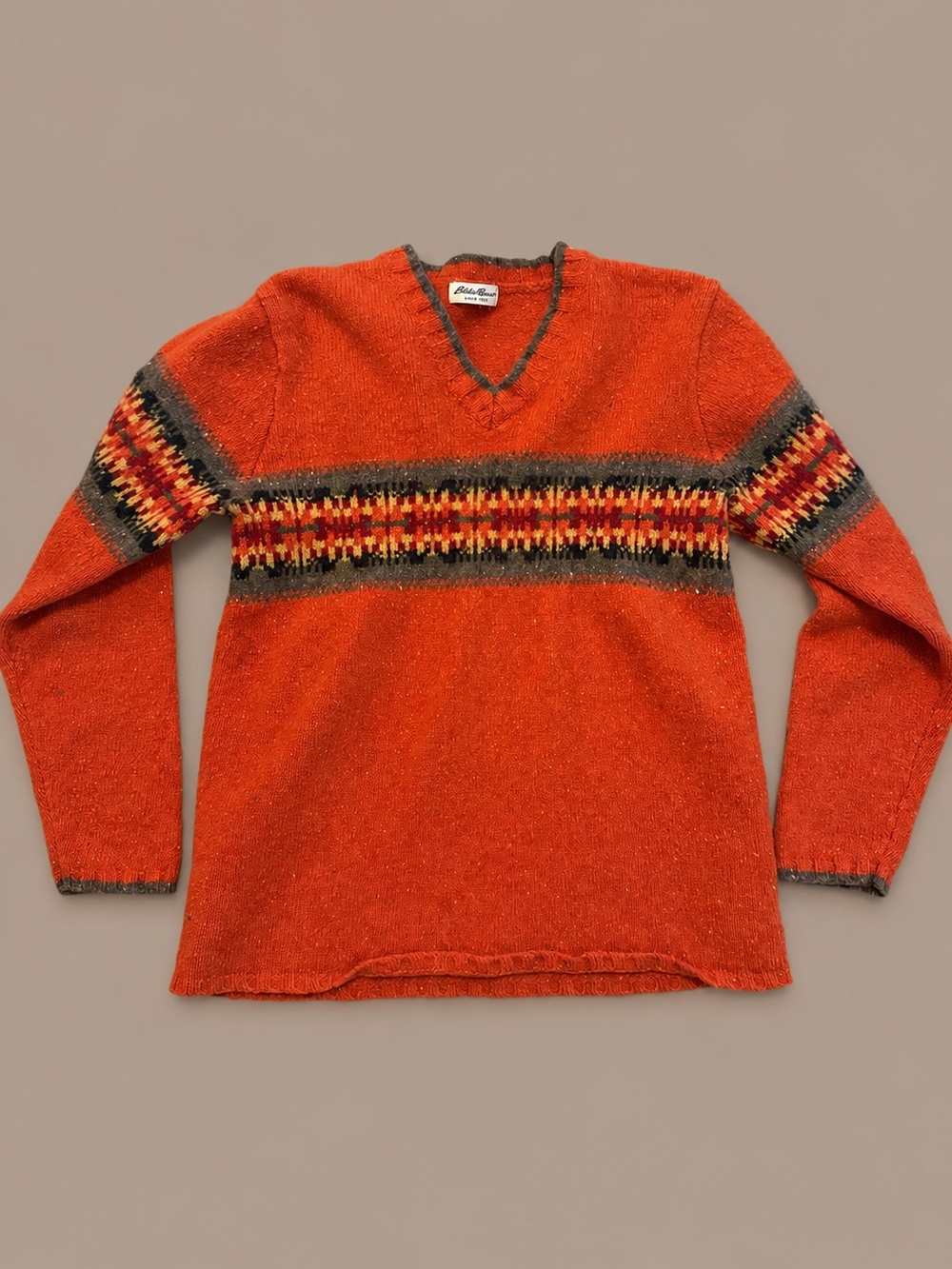 🍂 Vintage Eddie Bauer Fair Isle V-Neck Sweater Medium 100% Wool Burnt Orange